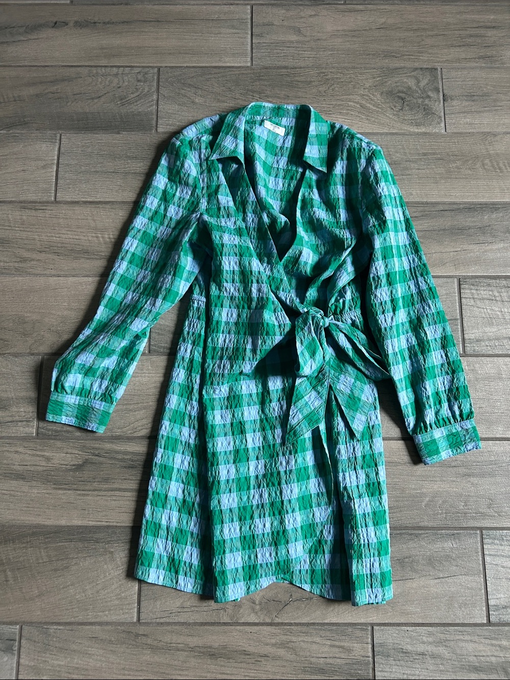UNTUCKit Green Plaid Long Sleeve Tie-Waist Dress